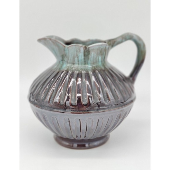 Vintage Pitcher Pottery Small Ribbed Scalloped Dainty Two Tone Teal Brown Handle - Picture 2 of 10